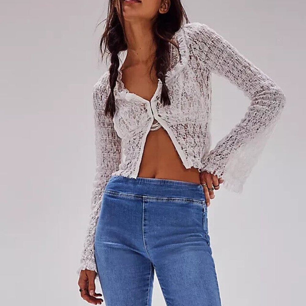 Free People FP One Madison Top Smocked Lace Sheer Hook-Front New M